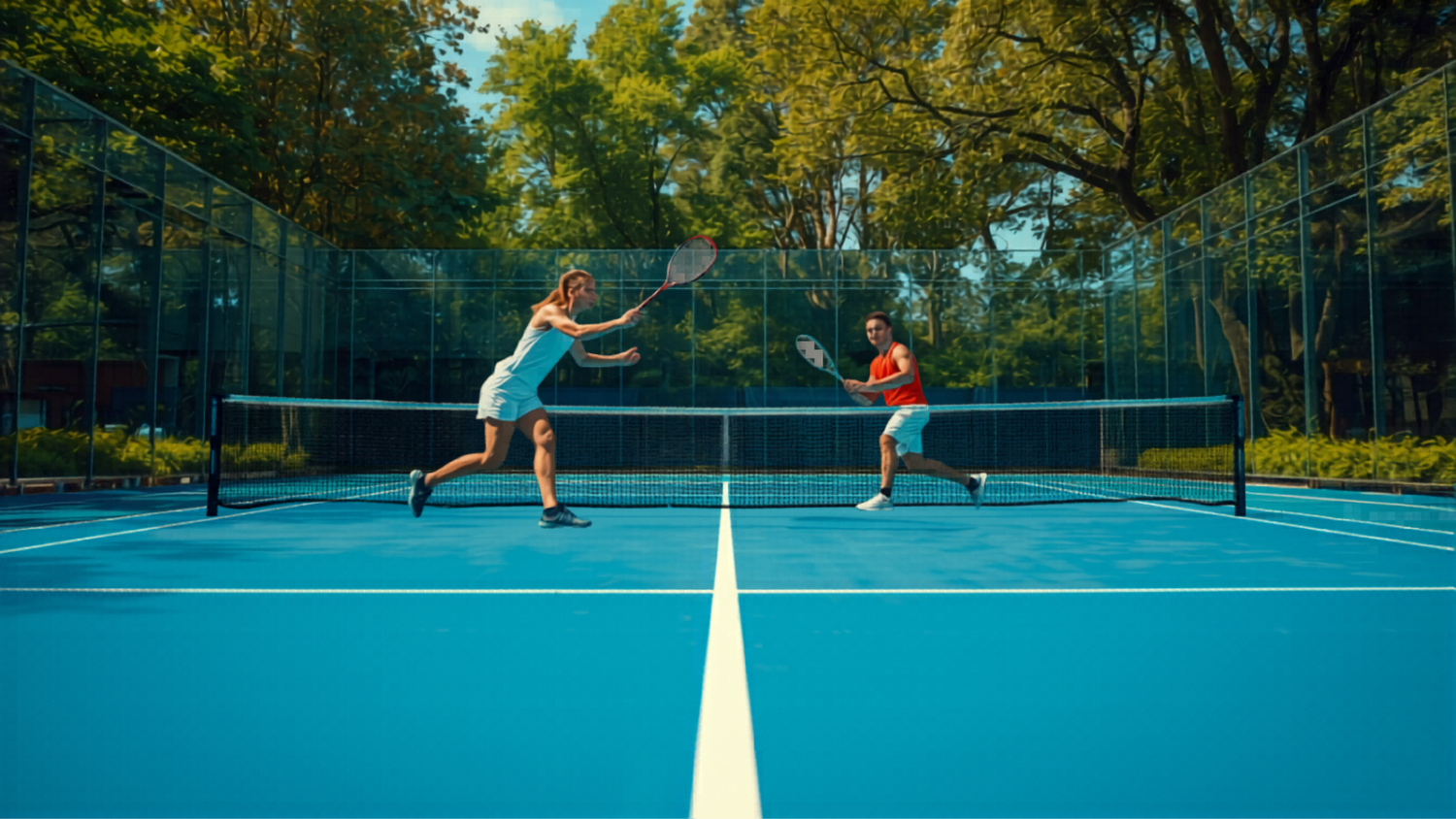 Joueurs de padel sur un terrain moderne lors d'un match ensoleillé